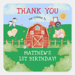 Sticker Carré Cute Kid's Farm/Barn Yard Birthday Merci