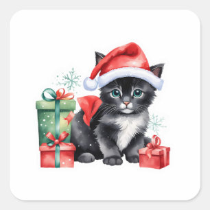 Sticker Carré 💝 Cute Kitten Accrocher un chaton cadeau de Noël