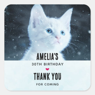 Sticker Carré Cute Kitten blanc avec Joli yeux bleu Anniversaire