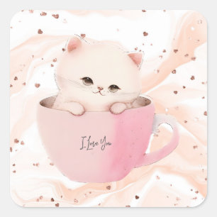 Sticker Carré Cute Kitten dans une Tea up