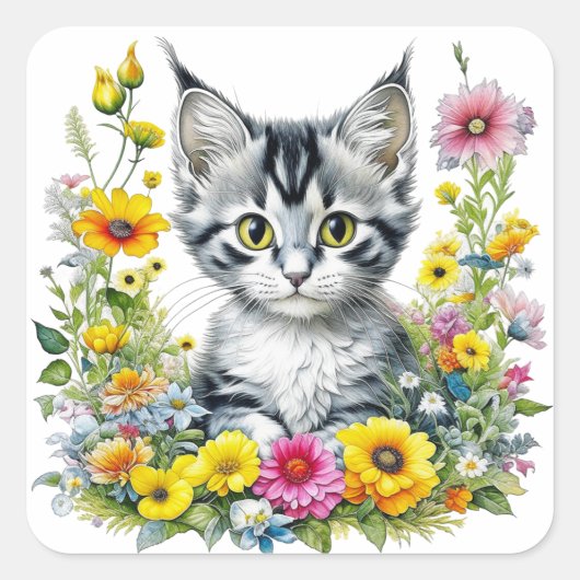 Sticker Carré Cute Kitten Entouré de fleurs (Devant)