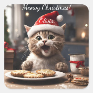 Sticker Carré Cute Kitten Funny Père Noël Chat Noël