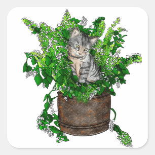 Sticker Carré Cute Kitten personnalisé en Pot à capuchon