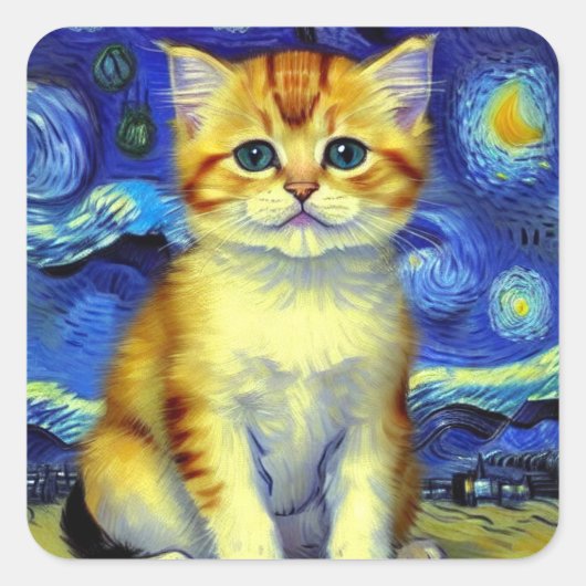 Sticker Carré Cute Kitten Starry Night Van Gogh (Devant)