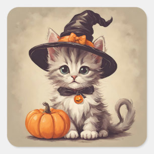 Sticker Carré Cute Kitten Vintage en costume sorcier Halloween