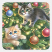 Sticker Carré Cute Kittens dans l'arbre de Noël (Devant)