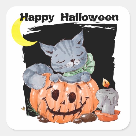 Sticker Carré Cute Kitty Jack o' Lantern Enfants Halloween (Devant)