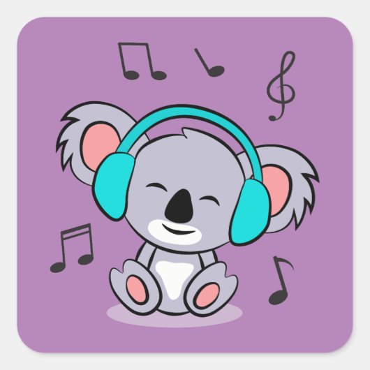 Sticker Carré Cute koala Écouter De La Musique (Devant)