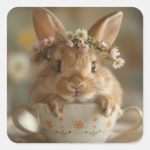 Sticker Carré Cute lapin avec couronne de fleur dans une tasse