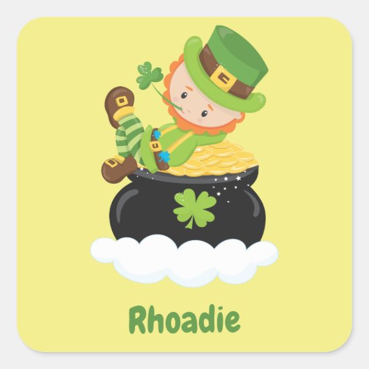 Sticker Carré Cute Leprechaun sur une casserole d'or (Devant)