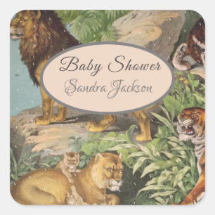 Sticker Carré Cute Lion Chat jungle Dusty Blue Boyl Baby shower