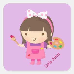 Sticker Carré Cute Little Artist Peintre Girl au travail