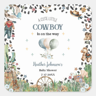 Sticker Carré Cute Little Cowboy Western Watercolor Baby shower