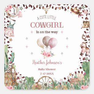 Sticker Carré Cute Little Cowgirl Western Aquarelle Baby shower