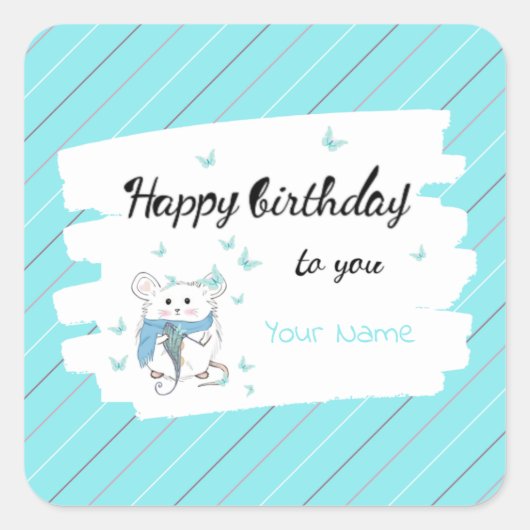 Sticker Carré Cute Little Hamster Blue Joyeux anniversaire (Devant)