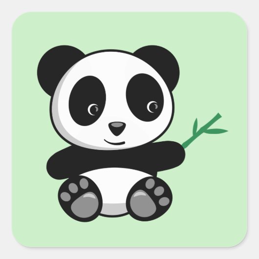 Sticker Carré Cute Little Panda avec Bâton en Bambou vert (Devant)
