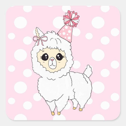 Sticker Carré Cute Llama avec Casquette d'anniversaire (Devant)