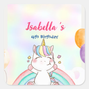 Sticker Carré Cute Magical Rainbow Unicorn Bonne fête d'annivers