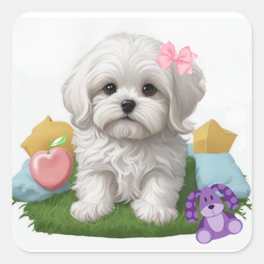 Sticker Carré Cute Maltese Chiot assis avec ses jouets (Devant)