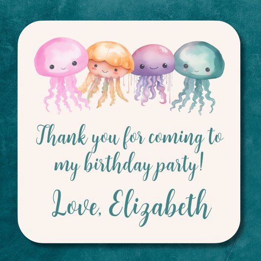 Sticker Carré Cute méduse sous la mer Anniversaire Merci
