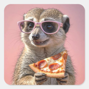 Sticker Carré Cute Meerkat avec lunettes et pizza