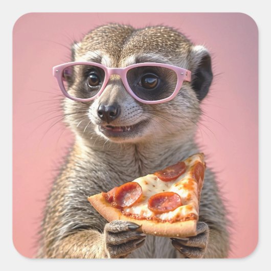 Sticker Carré Cute Meerkat avec lunettes et pizza (Devant)