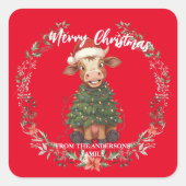 Sticker Carré Cute merry Cow Christmas tree calf ox Xmas pattern (Devant)
