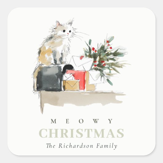Sticker Carré Cute moderne aquarelle Meowy Noël Cadeau Chat (Devant)