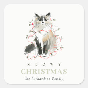 Sticker Carré Cute moderne aquarelle Meowy Noël Light Chat