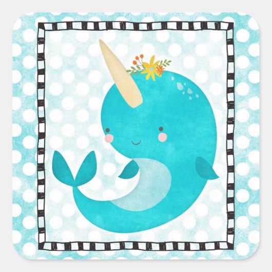Sticker Carré Cute Narwhal - Turquoise Aqua Whale (Devant)
