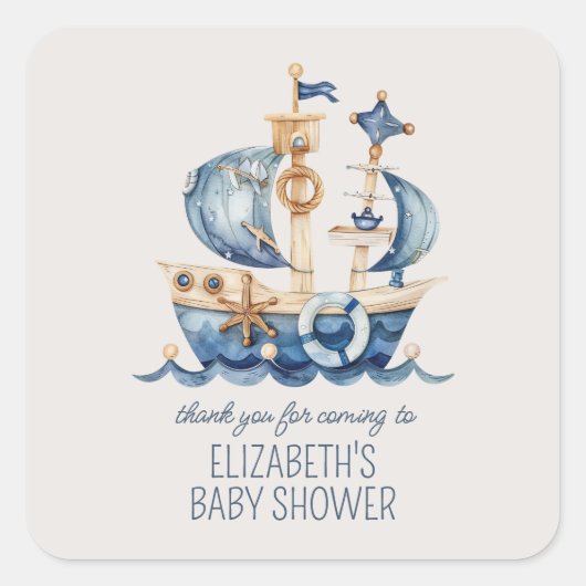 Sticker Carré Cute Nautical Blue Sailing Ship Baby Shower (Devant)