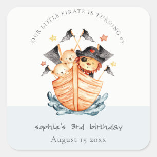 Sticker Carré Cute Nautical Pirate Ship Lion Cub Anniversaire de