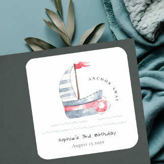 Sticker Carré Cute Nautical Soft Red Blue Anniversaire de enfant