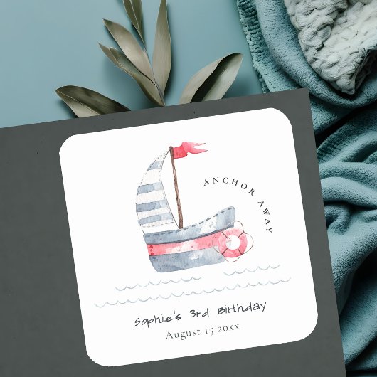 Sticker Carré Cute Nautical Soft Red Blue Anniversaire de enfant