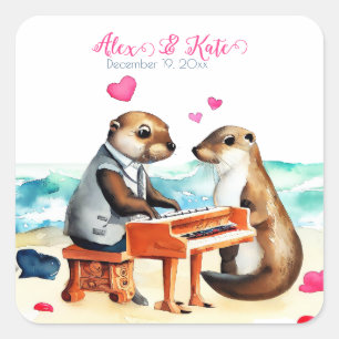 Sticker Carré Cute Otter Couple Mariage romantique