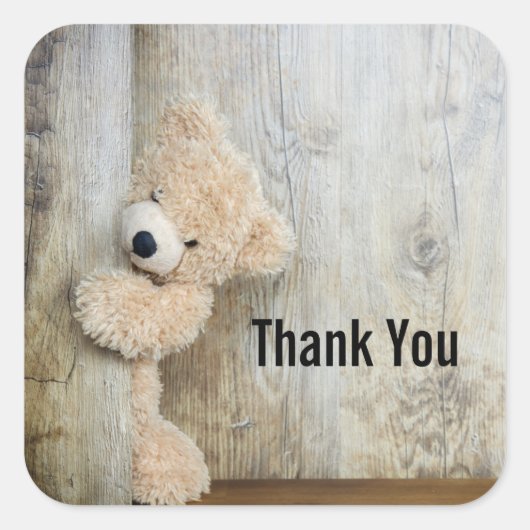 Sticker Carré Cute Ours Stuffé Merci Mur Rustique En Bois (Devant)