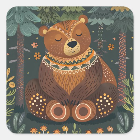 Sticker Carré Cute Ours Zen dans Woods Faune Animale Nature Art (Devant)