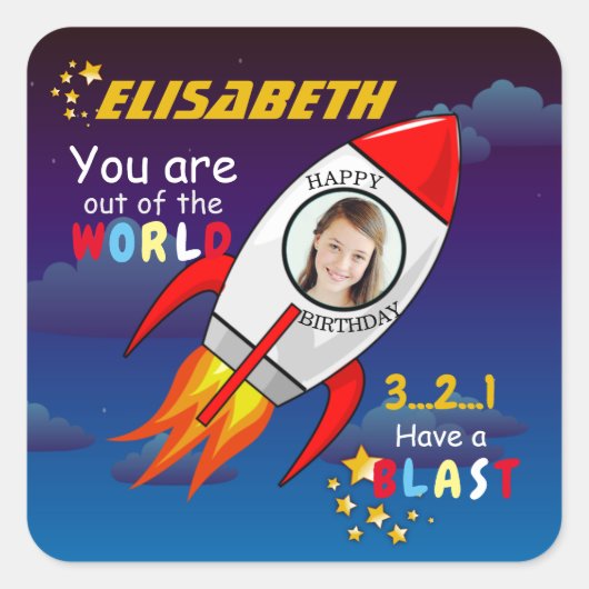 Sticker Carré Cute Outer Space Rocket Ship Blast Off Birthday (Devant)