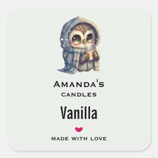 Sticker Carré Cute Owl tenant un café Candle Business (Devant)