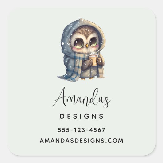 Sticker Carré Cute Owl tenant une entreprise de café (Devant)