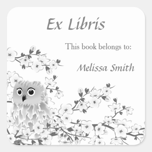 Sticker Carré Cute Owl White Grey | Ex Libris Ajouter un nom (Devant)