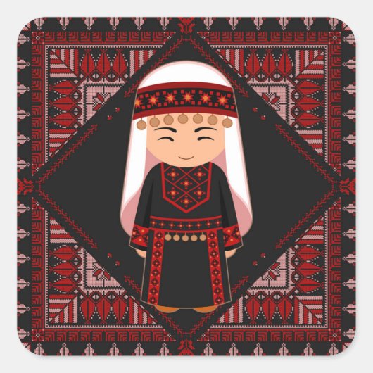 Sticker Carré cute Palestinian girl Embroidery red tatreez (Devant)