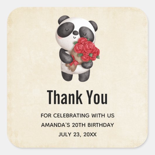 Sticker Carré Cute Panda Bear avec Rose Bouquet Anniversaire (Devant)