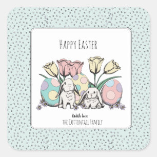 Sticker Carré Cute Pastel Bunny Rabbit Joyeux Pâques Nom de fami