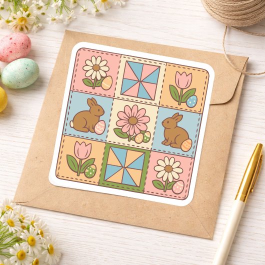 Sticker Carré Cute Pastel Easter Bunny Flower Patchwork 