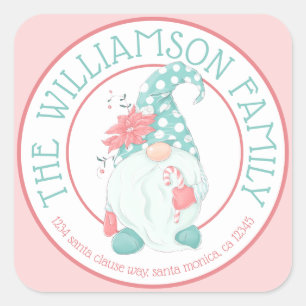 Sticker Carré Cute Pastel Gnome Nom de famille Adresse de retour