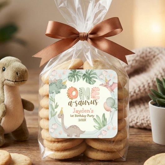 Sticker Carré Cute Pastel Green Dinosaur One A Saurus Birthday 