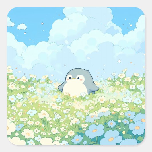 Sticker Carré Cute Penguin in Blue Spring Meadow (Devant)