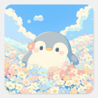 Sticker Carré Cute Penguin in Colorful Spring Meadow