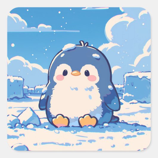 Sticker Carré Cute Penguin Sitting in Winter Snow (Devant)